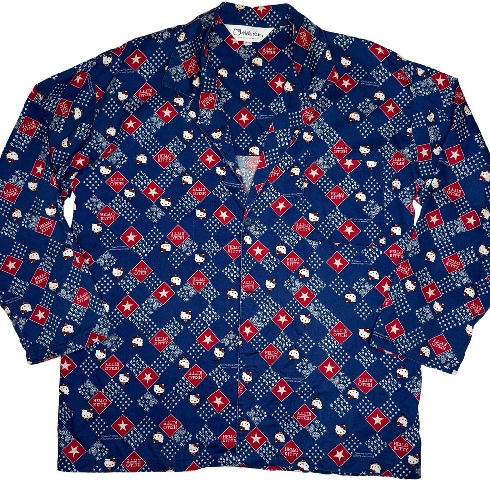 Vtg Hello Kitty Pajama Top M-L Sanrio Japan Kawaii Y2K Blue Red Bandana Stars‎